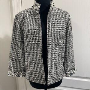 Chico's Women's Jacqueline Black & white Pearl Sequin Short Tweed Jacket Size 2
